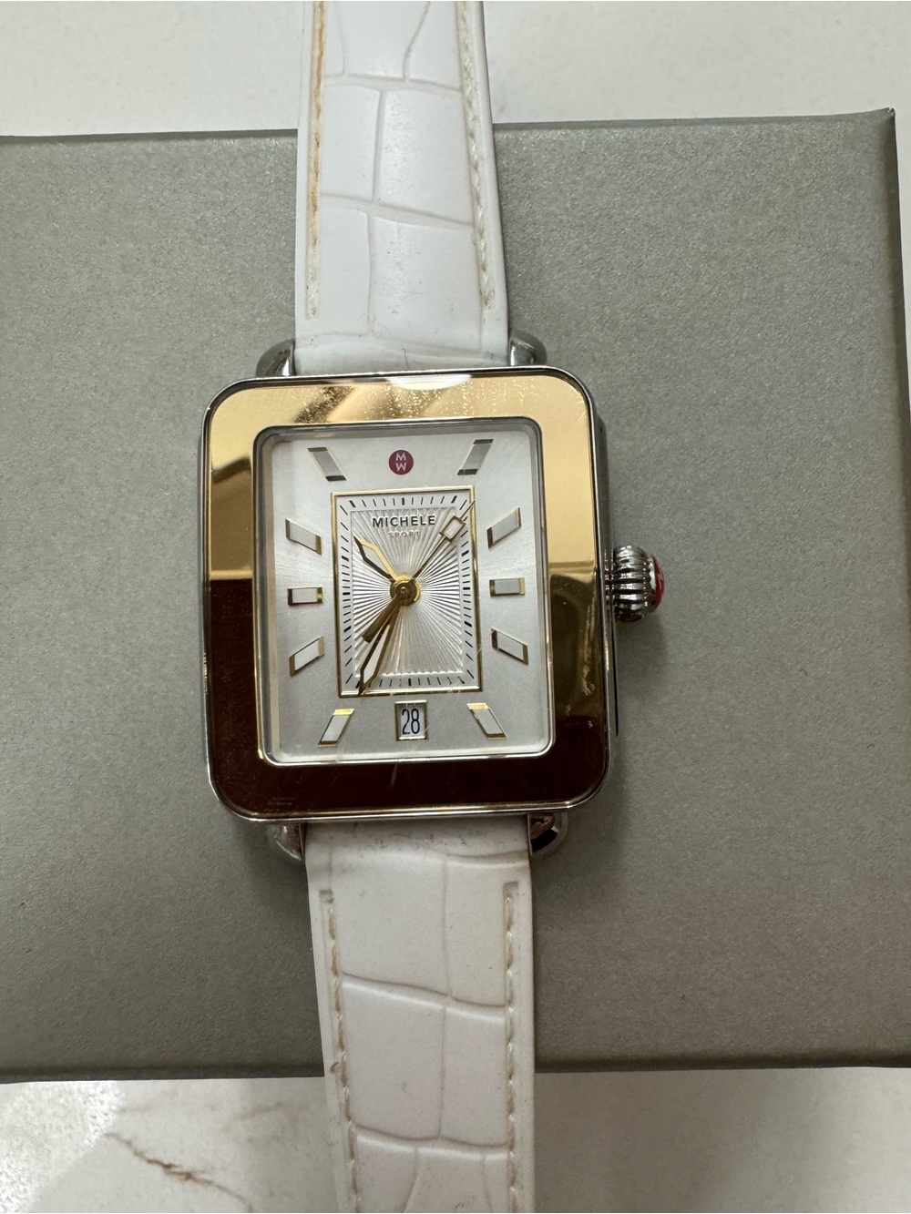 Michele Gold-Tone Square Dial Watch with White Strap
